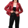 Aaliyah Biker Style Real Leather Red Jacket Front