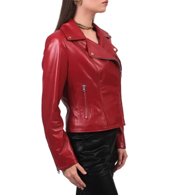 Aaliyah Biker Style Real Leather Red Jacket Side View