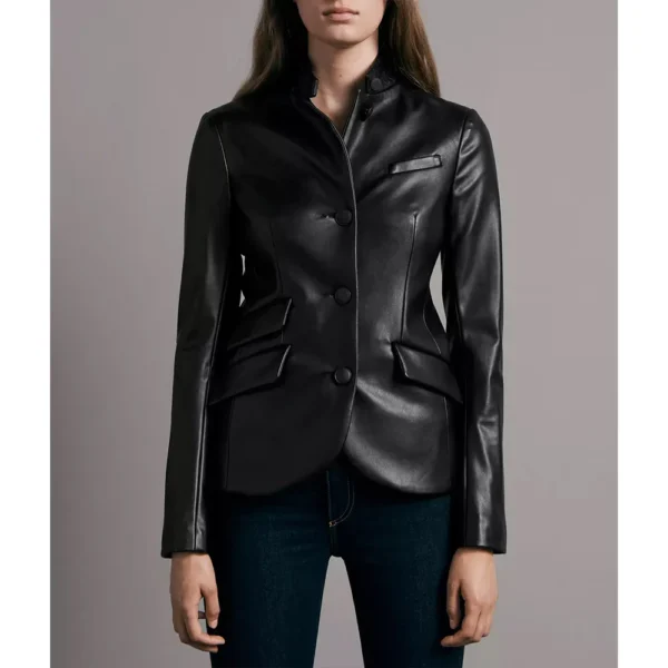 Abby Multiple Pockets Black Leather Blazer