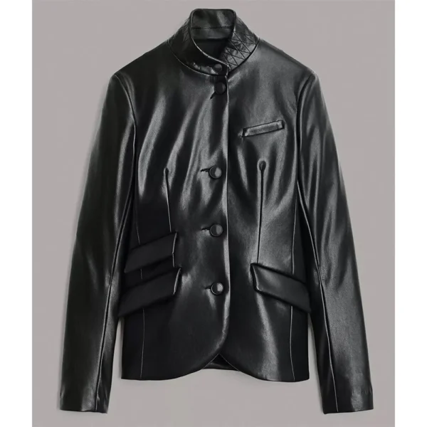 Abby Multiple Pockets Black Leather Blazer Front View