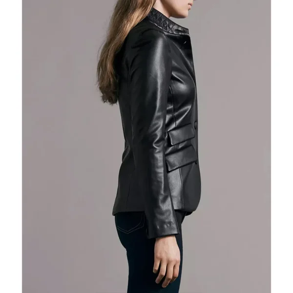 Abby Multiple Pockets Black Leather Blazer Side View