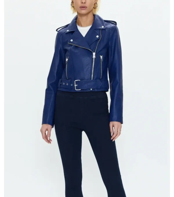 Abe Classic Moto Biker Women Blue Leather Jacket Front