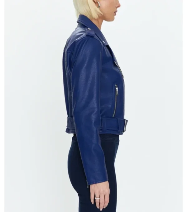 Abe Classic Moto Biker Women Blue Leather Jacket Side View