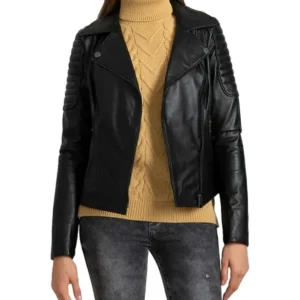Adelyn Black Quilted Shoulder Black Leather Biker Jacket