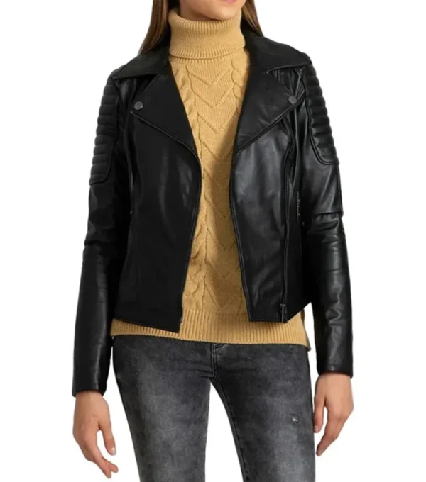 Adelyn Black Quilted Shoulder Black Leather Biker Jacket