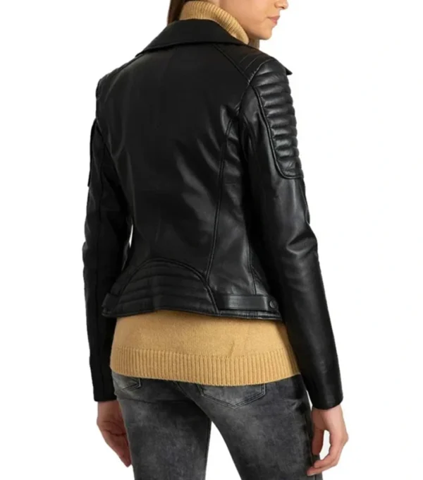 Adelyn Black Quilted Shoulder Black Leather Biker Jacket Back