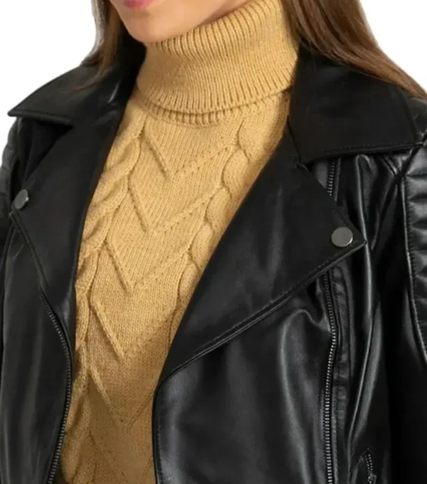 Adelyn Black Quilted Shoulder Black Leather Biker Jacket Closeup