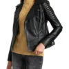 Adelyn Black Quilted Shoulder Black Leather Biker Jacket Left Side