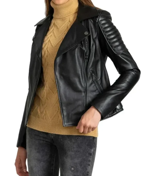 Adelyn Black Quilted Shoulder Black Leather Biker Jacket Left Side