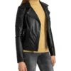 Adelyn Black Quilted Shoulder Black Leather Biker Jacket Side View