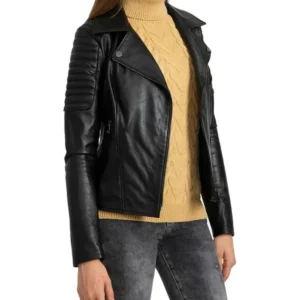Adelyn Black Quilted Shoulder Black Leather Biker Jacket Side View