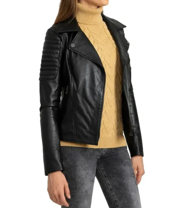 Adelyn Black Quilted Shoulder Black Leather Biker Jacket Side View