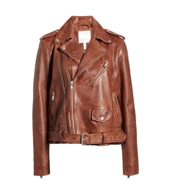 Ainsley Brown Stylish Biker Real Leather Jacket Front