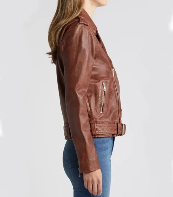 Ainsley Brown Stylish Biker Real Leather Jacket Side View