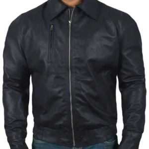 Aiyana Navy Leather Bomber Jacket