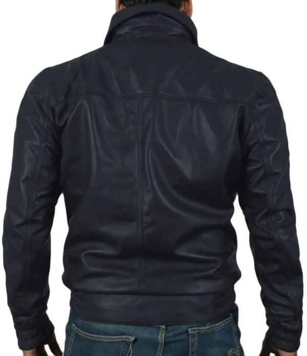Aiyana Navy Leather Bomber Jacket Back