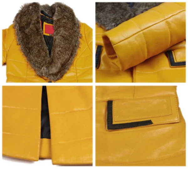 Alexandra womens yellow shearling lambskin leather overcoat Closeup