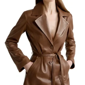 Alyson Warm Toned Brown Leather Trench Classic Coat Front