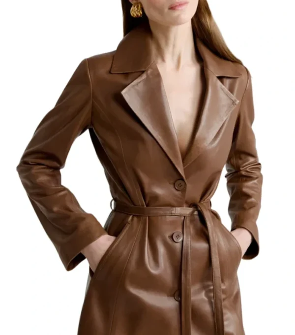 Alyson Warm Toned Brown Leather Trench Classic Coat Front