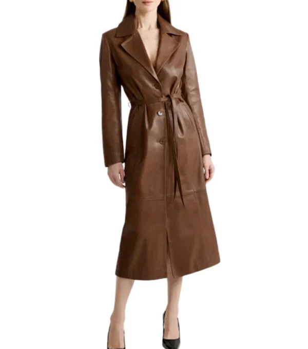 Alyson Warm Toned Brown Leather Trench Classic Coat Front View