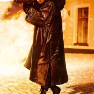 Ana de Armas Ballerina Hooded Oversized Fire Leather Coat