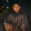 Ana de Armas Ballerina Hooded Oversized Fire Leather Coat Front View