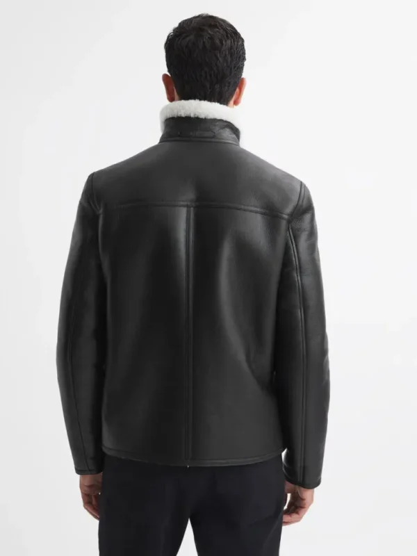 Andrea stand collar shearling leather coat back
