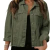 Angela Button Up Cropped Green Denim Jacket
