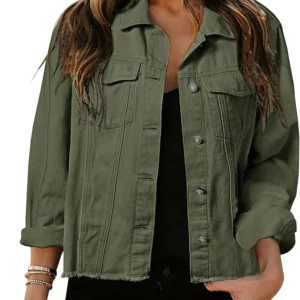 Angela Button Up Cropped Green Denim Jacket