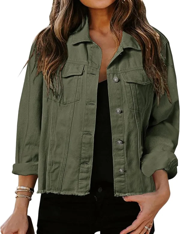 Angela Button Up Cropped Green Denim Jacket