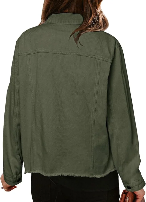 Angela Button Up Cropped Green Denim Jacket Backside Look