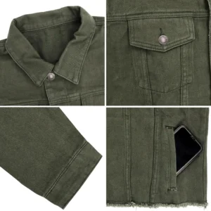 Angela Button Up Cropped Green Denim Jacket Closeup Look