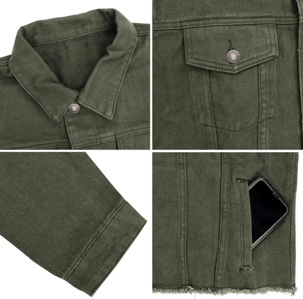 Angela Button Up Cropped Green Denim Jacket Closeup Look