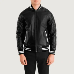 Annjenette Varsity style Black Leather Bomber Jacket