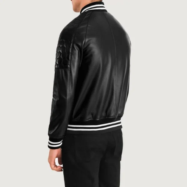 Annjenette Varsity style Black Leather Bomber Jacket Back