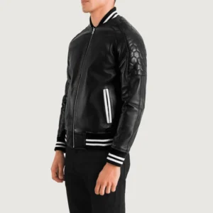 Annjenette Varsity style Black Leather Bomber Jacket Side View