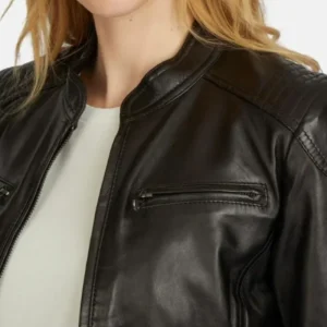 Aryia Classic Black Cafe Racer Leather Jacket Front Closeup