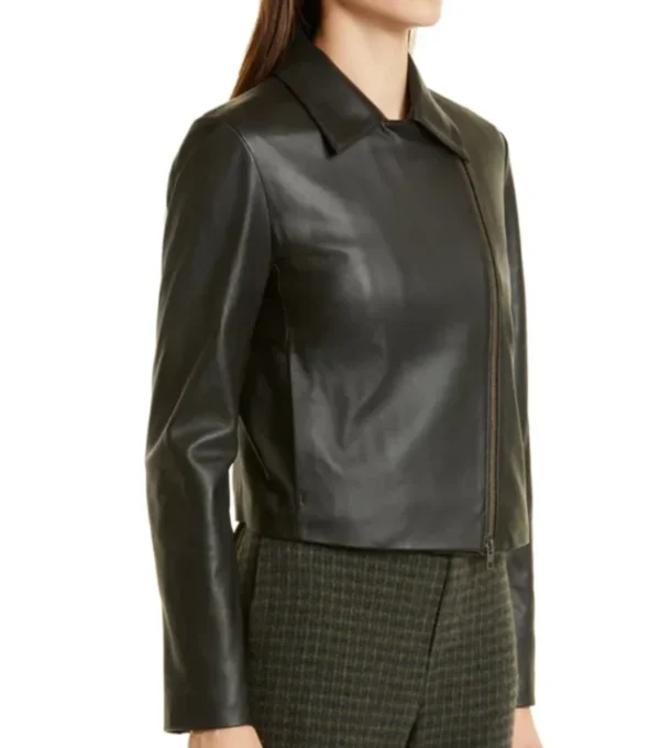 Ashlee Plain Simple Style Black Biker Leather Jacket Front
