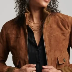 Ashtyn Brown Genuine Suede Leather Bomber Jacket Front