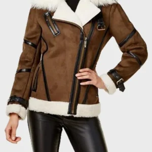 Aubree Fur Collar Real Sheepskin Brown Leather Shearling Biker Jacket