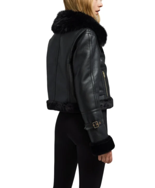 Ayden Black Cropped Shearling Aviator Leather Jacket Back