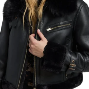 Ayden Black Cropped Shearling Aviator Leather Jacket Front