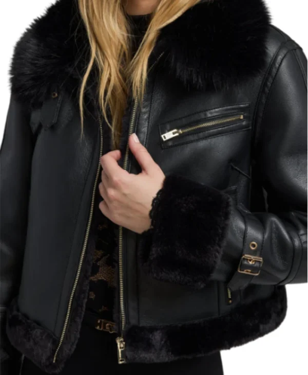 Ayden Black Cropped Shearling Aviator Leather Jacket Front
