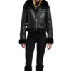 Ayden Black Cropped Shearling Aviator Leather Jacket Front View