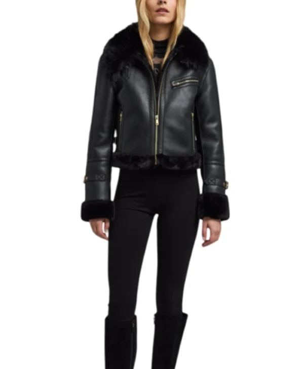 Ayden Black Cropped Shearling Aviator Leather Jacket Front View