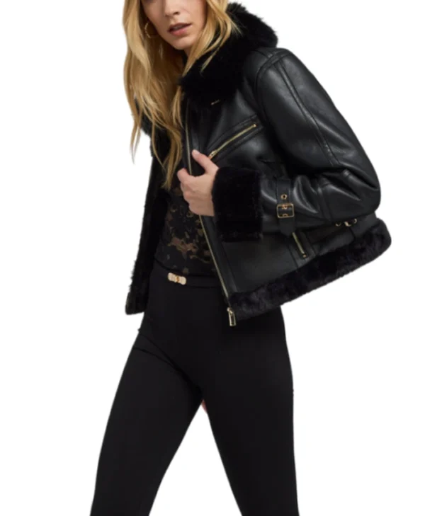 Ayden Black Cropped Shearling Aviator Leather Jacket Side View