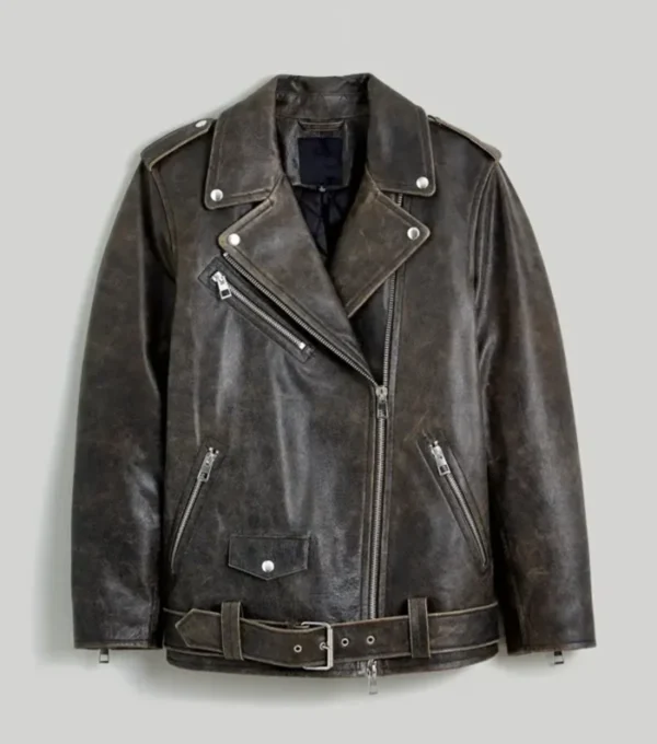 Bailie Vintage Style Black Distressed Leather Biker Jacket Front