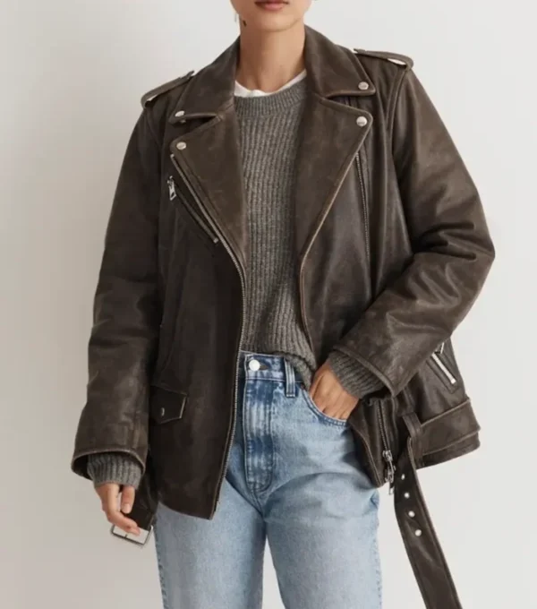 Bailie Vintage Style Black Distressed Leather Biker Jacket Open Front