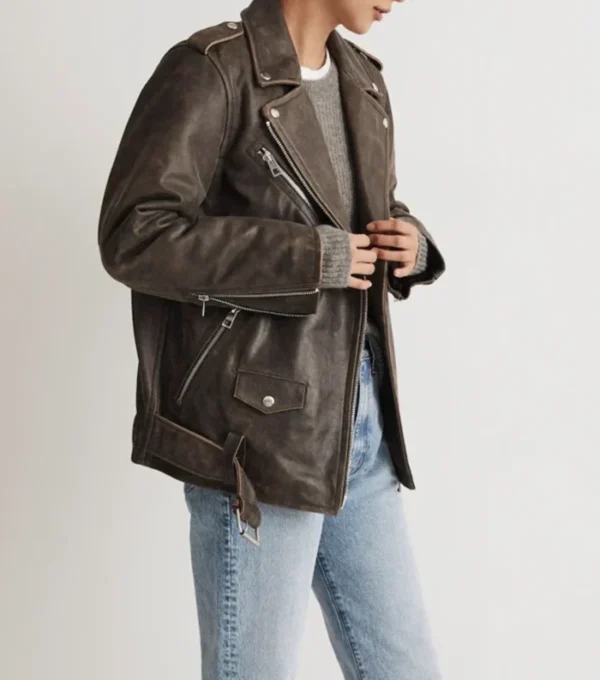 Bailie Vintage Style Black Distressed Leather Biker Jacket Side View