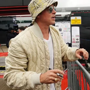 Brad Pitt F1 2025 Sonny Hayes Beige Quilted Bomber Jacket For Sale